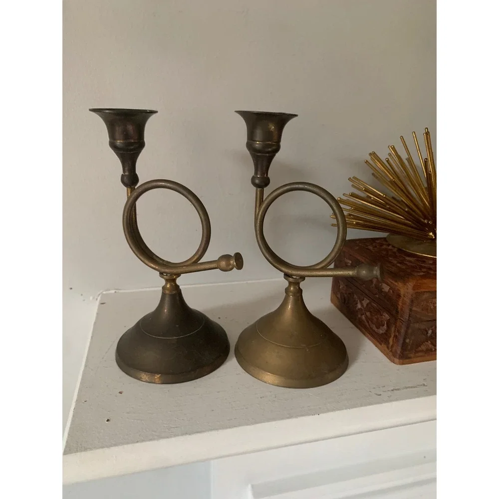 2 Vintage Brass French Horn Candlestick Holders Pair Musical Taper Candle Stands